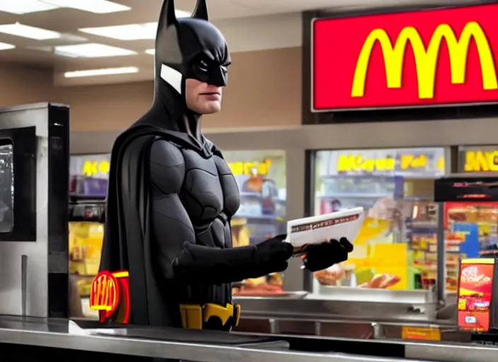 Image similar to film still of Batman working as a cashier at McDonalds in the new batman movie, 4k