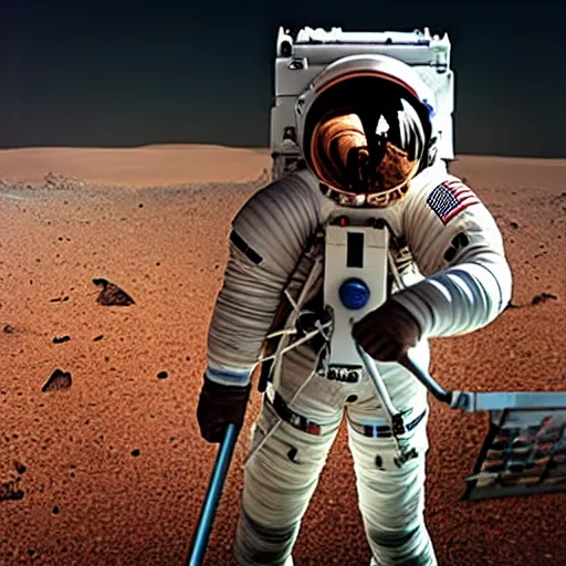 Prompt: closeup portrait of an astronaut with a broom sweeping on mars, natural light, photography, world press photo