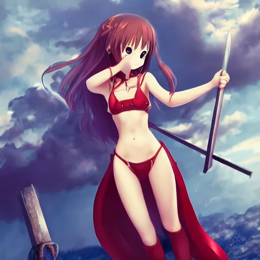 Image similar to a giant macro very beautiful young yuuki asuna, ( full body, long wavy hair, sky blue eyes, full round face, bikini, miniskirt ), standing with tyrion lannister cinematic wallpaper by stanley artgerm lau