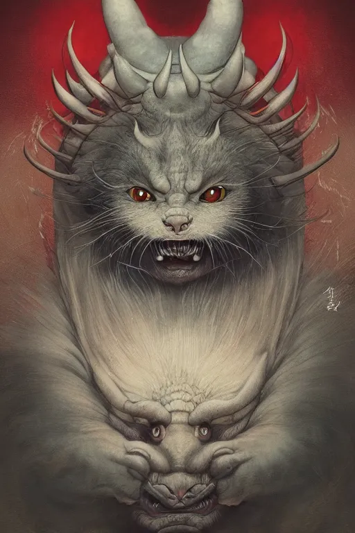 Image similar to a portrait of a japanese devil animal illustrated by miyazaki by karol bak, james jean, tom bagshaw, rococo, sharp focus, trending on artstation, cinematic lighting, hyper realism, octane render, 8 k, hyper detailed, vivid, ultra detailed, highly detailed