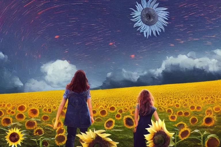 Image similar to giant sunflower as a head, girl walking in wheat field, hills, surreal photography, dark night, star trails, dramatic light, impressionist painting, clouds, digital painting, artstation, simon stalenhag