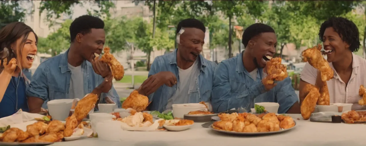 Prompt: a cinematic shot in daylight exterior wide shot of a couple of friends happy and smiling while eating church's chicken in dynamic poses, commercial ad, directed by autumn durald, complementary color scheme clothe, roger deakins lighting, shot in imax 7 0 mm, three point perspective 4 0 mm anamorphic lens