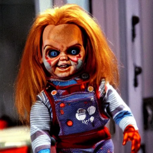 Image similar to Chucky the killer doll from the movie Child's Play in an episode of Full House