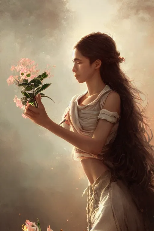 Prompt: ultra realistic illustration, mexican girl with flowers blooming, elegant, highly detailed, digital painting, concept art, smooth, sharp focus, illustration, art by greg rutkowski