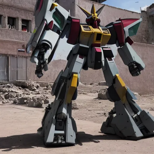 Prompt: A gundam war machine standing in the street of an old dusty Mexican town, photorealistic, weapon