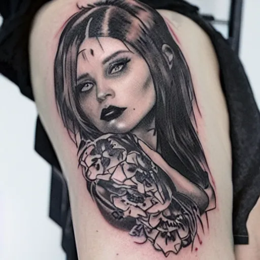 Image similar to female tattoo artist in gothic tattoo studio, greg rutkowski