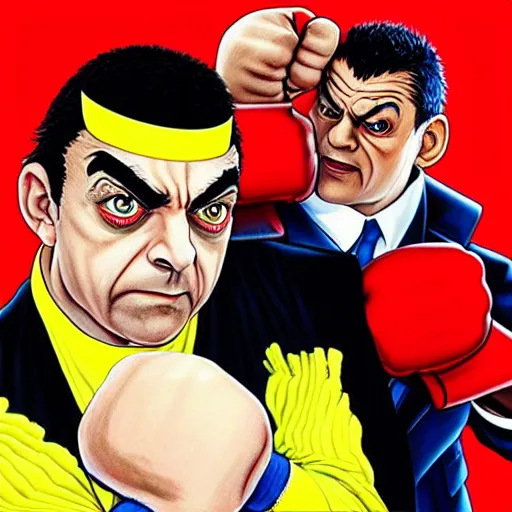 Prompt: rowan atkinson fist fighting hugh laurie as street fighter characters, street fighter game style, high detail