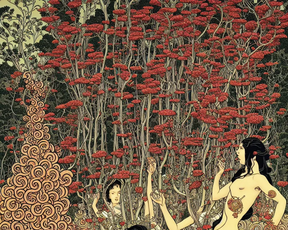 Image similar to garden of eternal delights by yuko shimizu and malczewski