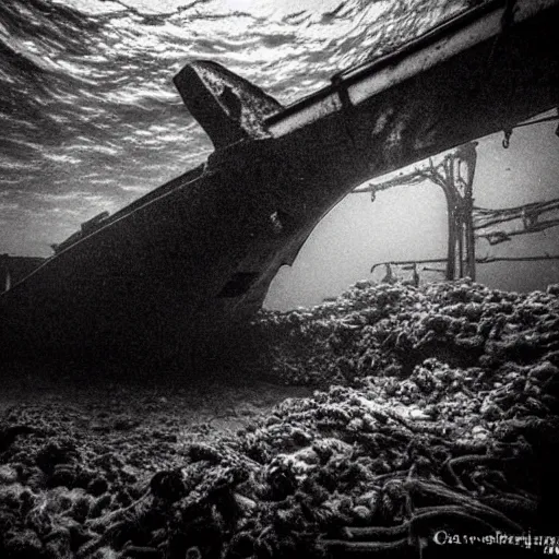 Image similar to a rusty shipwreck in an underwater tunnel, underwater photograph, creepy, eerie, surreal, submechanophobia, scary lighting,