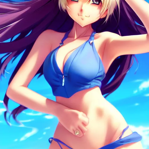 Prompt: a very beautiful young anime summer girl, full body, long wavy blond hair, sky blue eyes, full round face, evil grin, bikini, miniskirt, front view, mid - shot, highly detailed, cinematic wallpaper by stanley artgerm lau