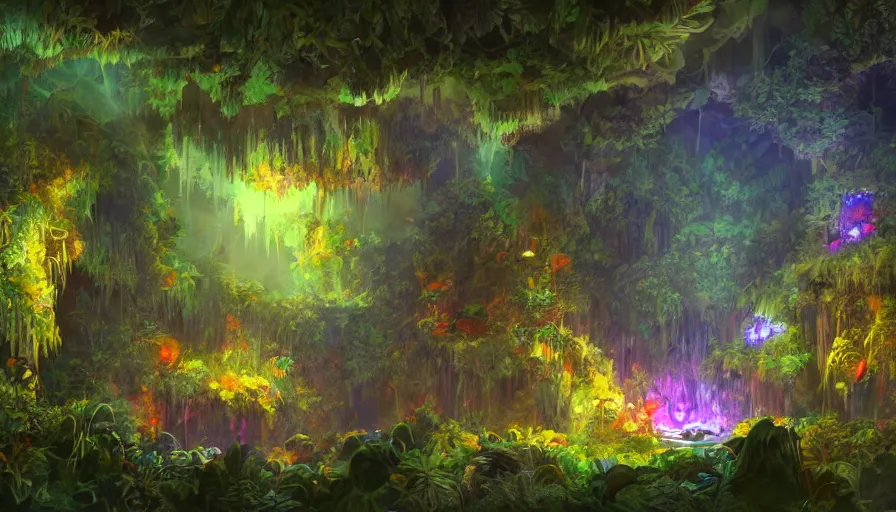 Prompt: concept art of underground jungle cave with luminescent plants, colorful, high detailed