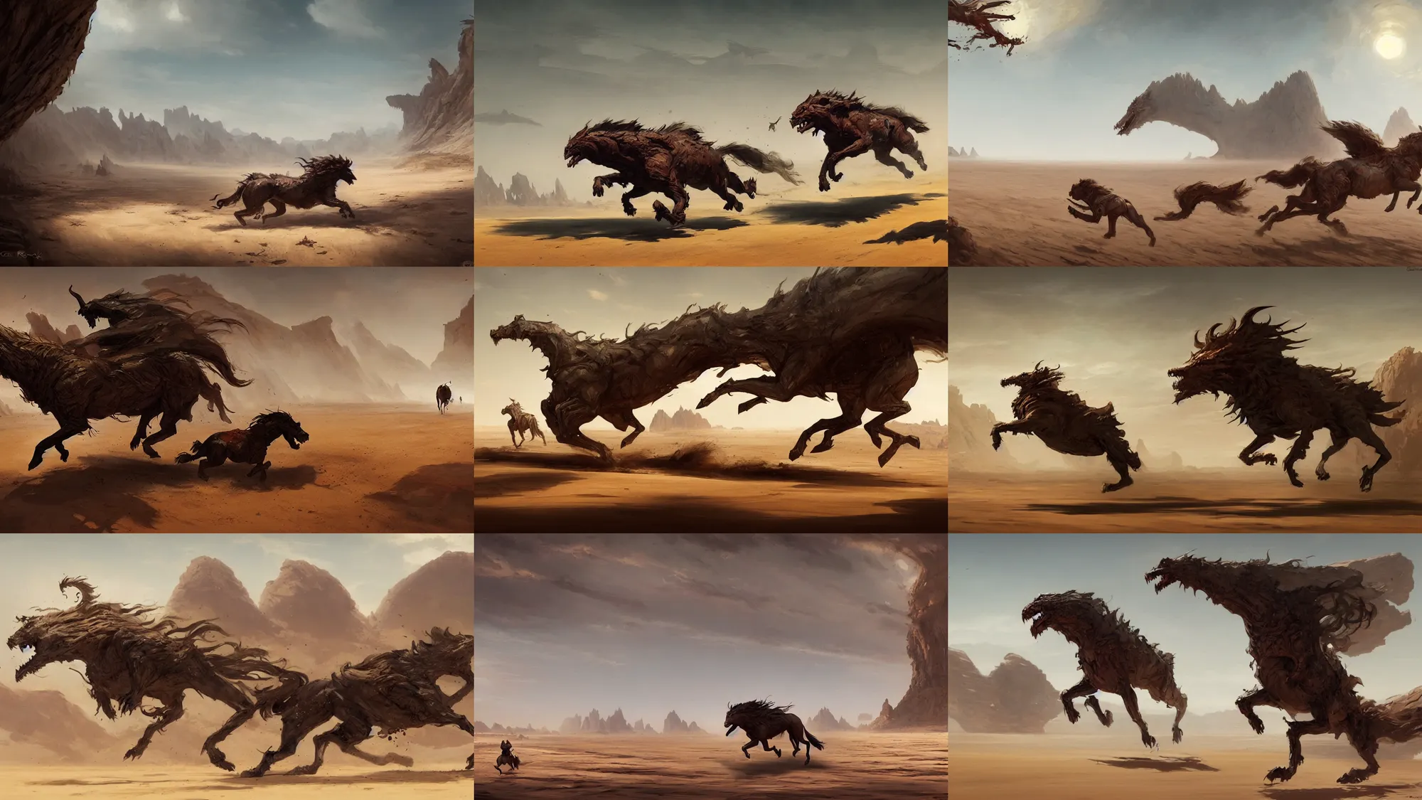 Prompt: beast galloping across the sand, karst landscape desert, wide shot, concept art by greg rutkowski