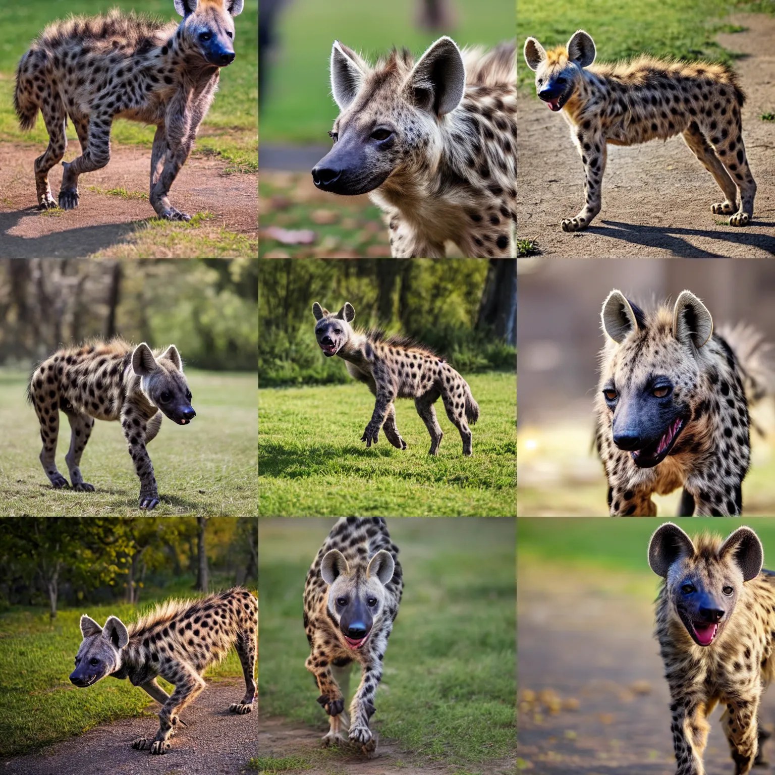 Prompt: a female hyena fursona walking through a park