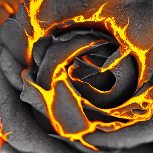 Image similar to award - winning macro of a beautiful black rose made of glowing molten magma