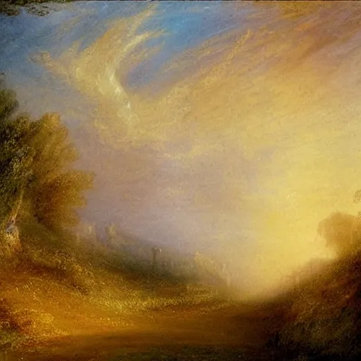 Image similar to a beautiful country path, golden light , sense of awe, in the style of Turner