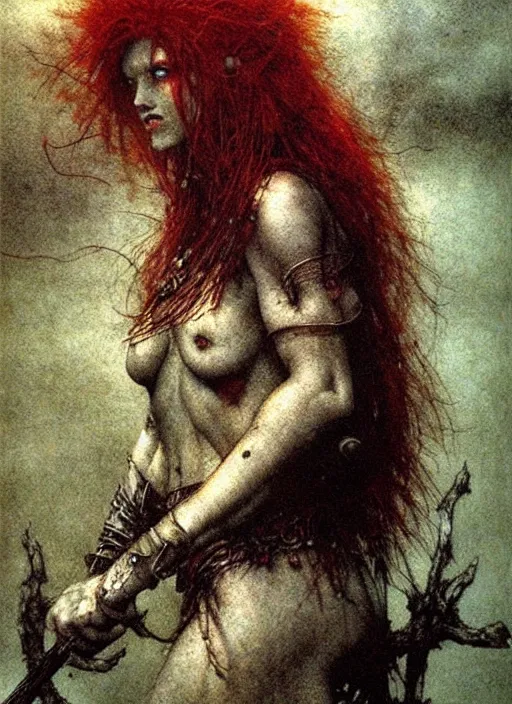 Image similar to redhead barbarian girl by Beksinski and Arthur Rackham