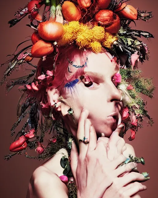 Image similar to a bountiful springtime harvest, a conceptual surrealist punk hairstyle for girls, by steven meisel, sigma 35mm f/8