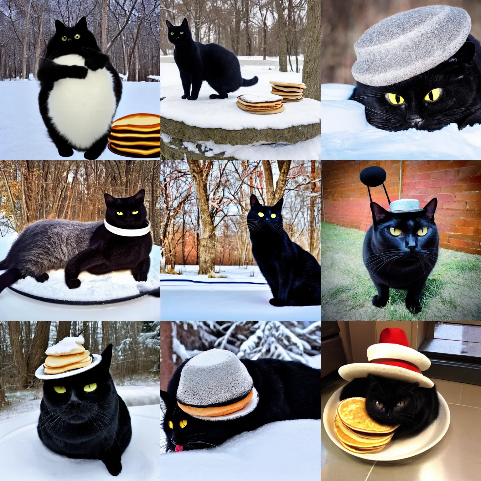 Prompt: fat black cat with pancake fedora on head in Minnesota winter