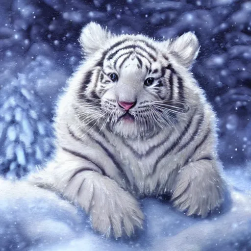 Image similar to cute fluffy baby white tiger sitting in snowy winter landscape detailed painting 4 k