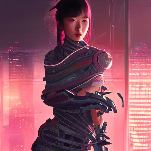 Image similar to portrait futuristic Samurai Girl, in future cyberpunk tokyo rooftop , ssci-fi, fantasy, intricate, very very beautiful, elegant, human anatomy, neon light, highly detailed, digital painting, artstation, concept art, smooth, sharp focus, illustration, art by tian zi and WLOP and alphonse mucha