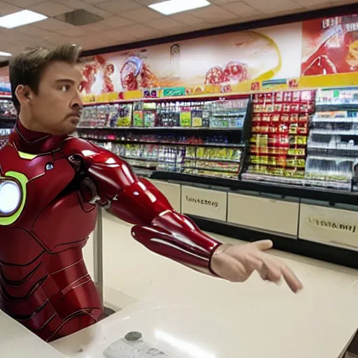 Prompt: Accidents, lasers, Iron Man working as a 7/11 cashier using a red laser scanner, cash register, red laser scanner, wide wide shot, very detailed, beautiful lighting, red laser, fire, smoke