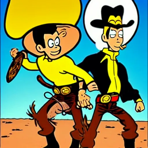 Image similar to lucky luke, killing, tintin, in the style of morris and rene goscinny