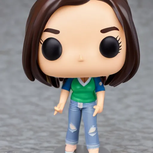 Prompt: funko pop figurine of beautiful smiling girl holding a microphone, very straight brown hair and pale skin wearing blank white thirt and jeans