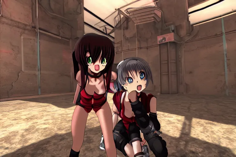 Image similar to an anime girl in a screenshot of the video game doom, the anime girl is crouching