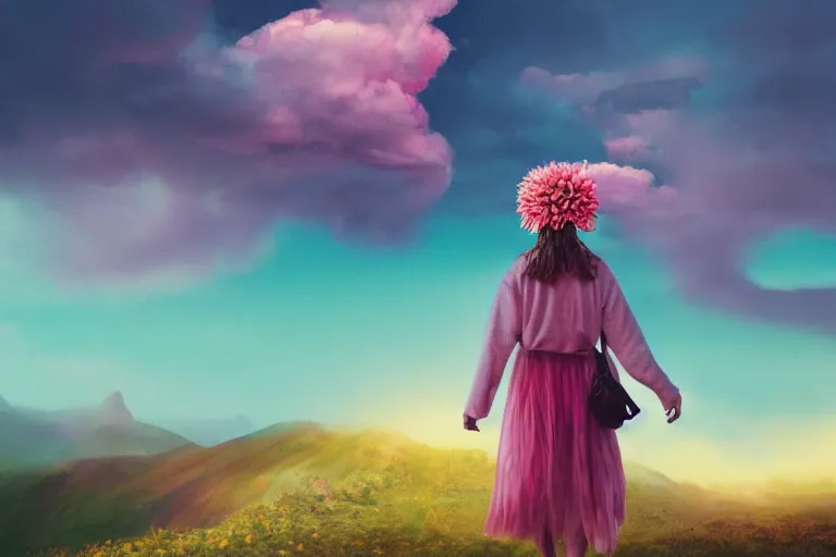 Image similar to giant dahlia flower crown under head, girl walking on dramatic mountain, surreal photography, pink storm clouds, sunset, impressionist painting, digital painting, artstation, simon stalenhag