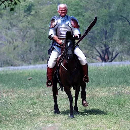 Image similar to Joe Biden riding a horse with a sword and armour, photo