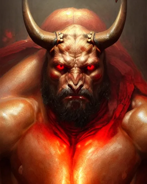 Prompt: minotaur from path of exile, muscular pecs, portrait, digital painting, highly detailed, intricate, trending on artstation, smooth, sharp focus, art by greg rutkowski and stefan kostic and bouguereau