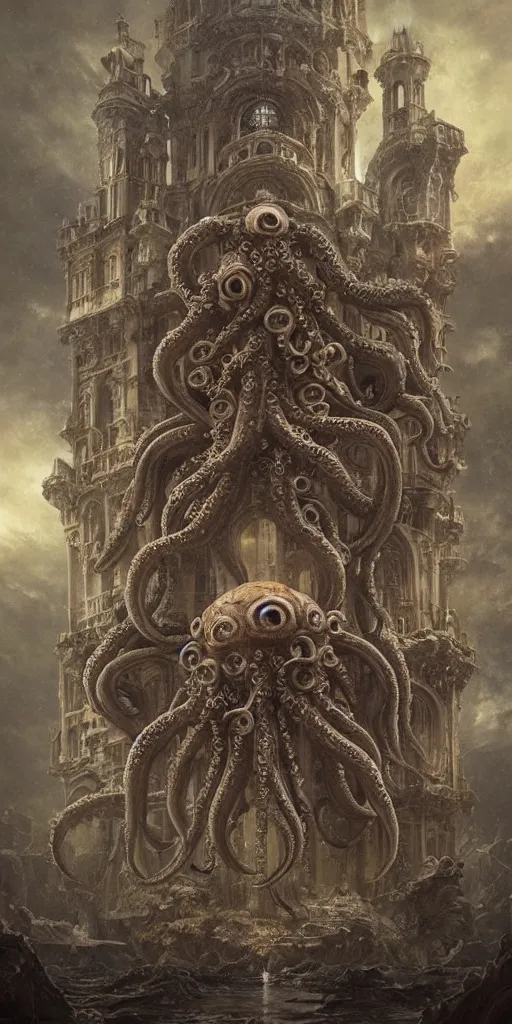 Image similar to group of mankind species mages with enormous octopus heads and jellyfish floating around inside an ancient mage castle hall colossal scale, gothic and baroque, brutalist architecture, ultradetailed, intricate details by Ellen Jewett and Ayami Kojima