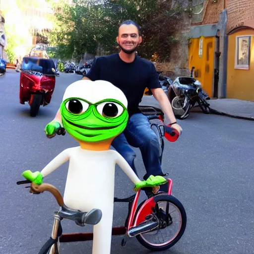 Image similar to pepe on a bike with beer