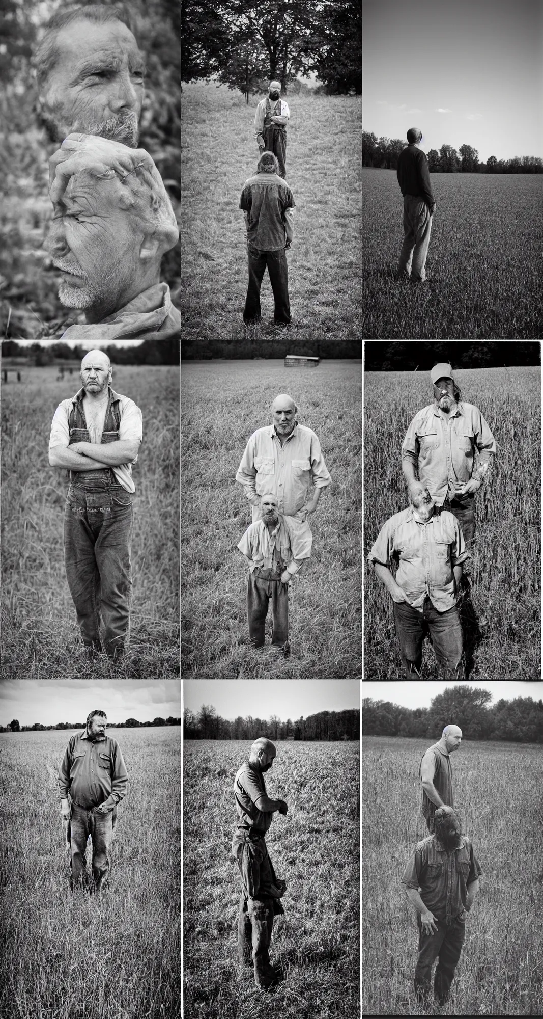 Prompt: A sad man, near farm, full body shot, outdoors, photograph, f2.8, dramatic, balding hair, redneck, film grain, large format, 1950