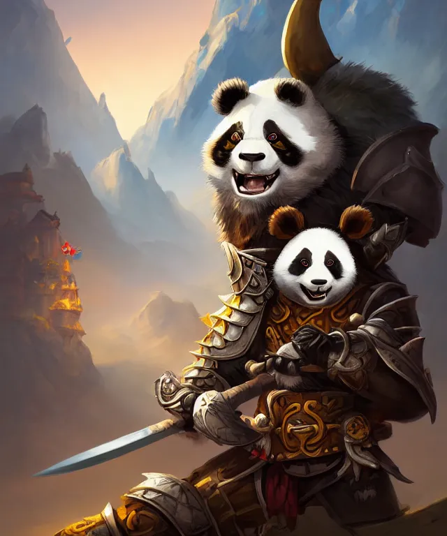 Prompt: a headshot of an anthropomorphic panda samurai, wearing armor with spiked shoulders, small mouse companion, landscape in background, dnd character art portrait, world of warcraft style, by peter mohrbacher, cinematic lighting