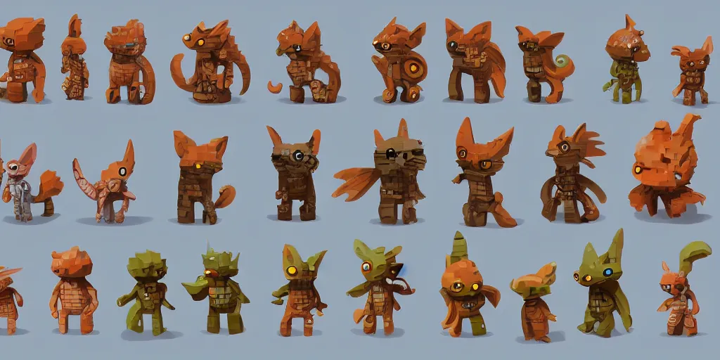 Prompt: small creatures called critters, made out of individual bricks. cute looking, kawaii, sharp focus, moebius, character sheet, game concept art, brush work