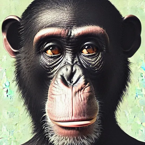 Image similar to a high detail portrait of a chimp wearing a suit 👔,and smoking🚬