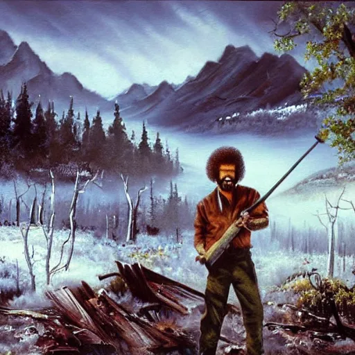 Image similar to bob ross painting a post - apocalyptic scenario