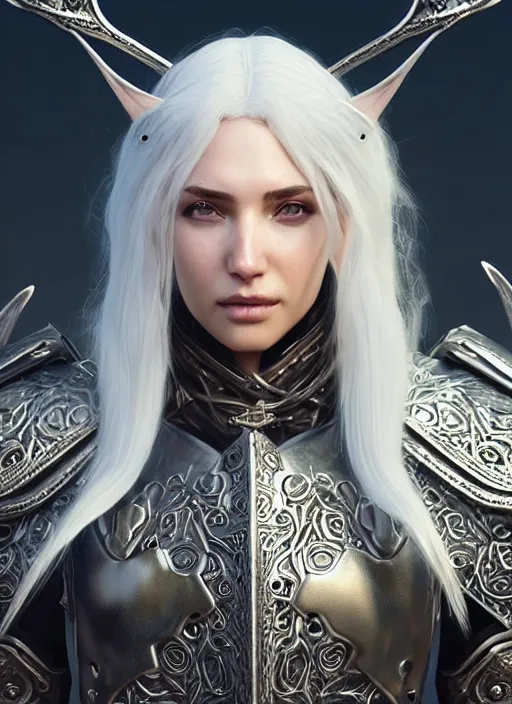 Image similar to opal leather armor!!! long wild white hair!! covered chest!!! fantasy, d & d, intricate ornate details, symmetry, concept art, sharp focus, illustration, art by artgerm! greg rutkowski magali villeneuve wlop! ilya kuvshinov!!, octane render, unreal engine 5, highly rendered!!