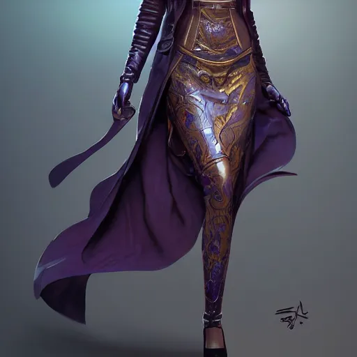 Image similar to portrait of Korean female futuristic short violet leather jacket and skirt expressive pose, intricate, elegant, highly detailed, digital painting, artstation, concept art, smooth, sharp focus, illustration, art by artgerm and greg rutkowski and alphonse mucha