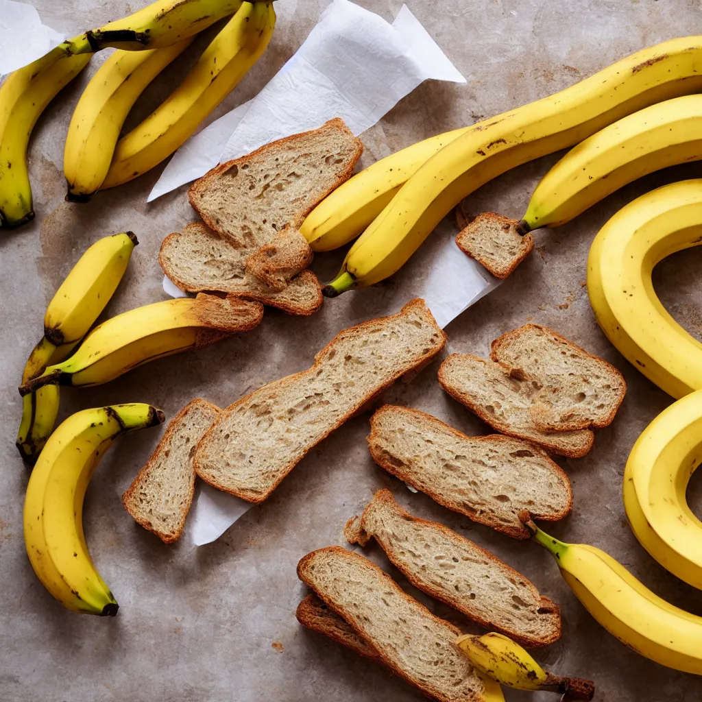 Prompt: bananas and bread bundled together with a paper banderole