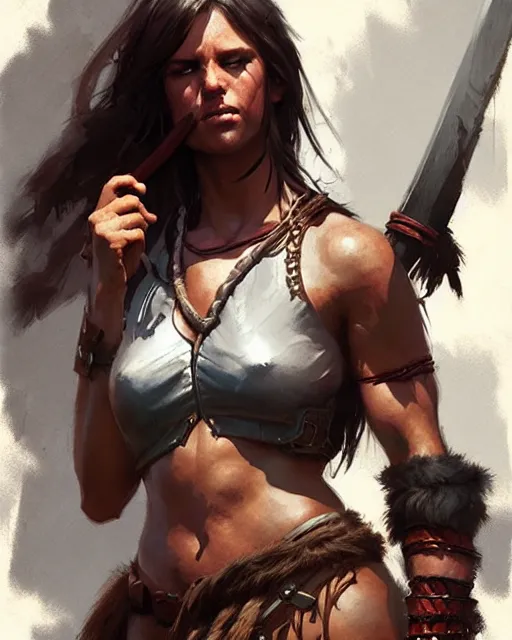 Prompt: a female barbarian | | realistic shaded, fine details, realistic shaded lighting poster by greg rutkowski, magali villeneuve, artgerm, jeremy lipkin and michael garmash and rob rey
