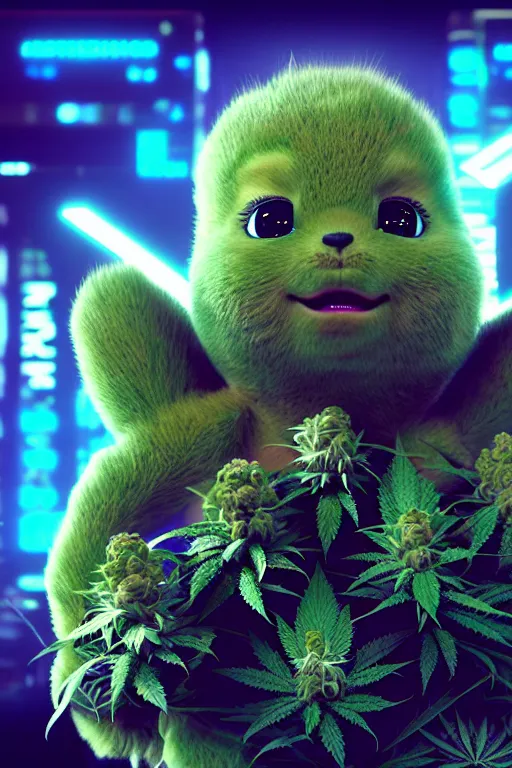 Prompt: high quality 3 d render very cute beautiful creature with a cannabis inflorescence instead of a head, like baby! cosmic marijuana bush, incorporated speakers!, cyberpunk highly detailed, unreal engine cinematic smooth, in the style of blade runner & detective pikachu, hannah yata charlie immer, moody light, low angle, uhd 8 k, sharp focus