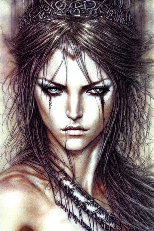 Prompt: head and shoulders portrait by luis royo of a barbarian, female, high fantasy, d & d, extremely detailed