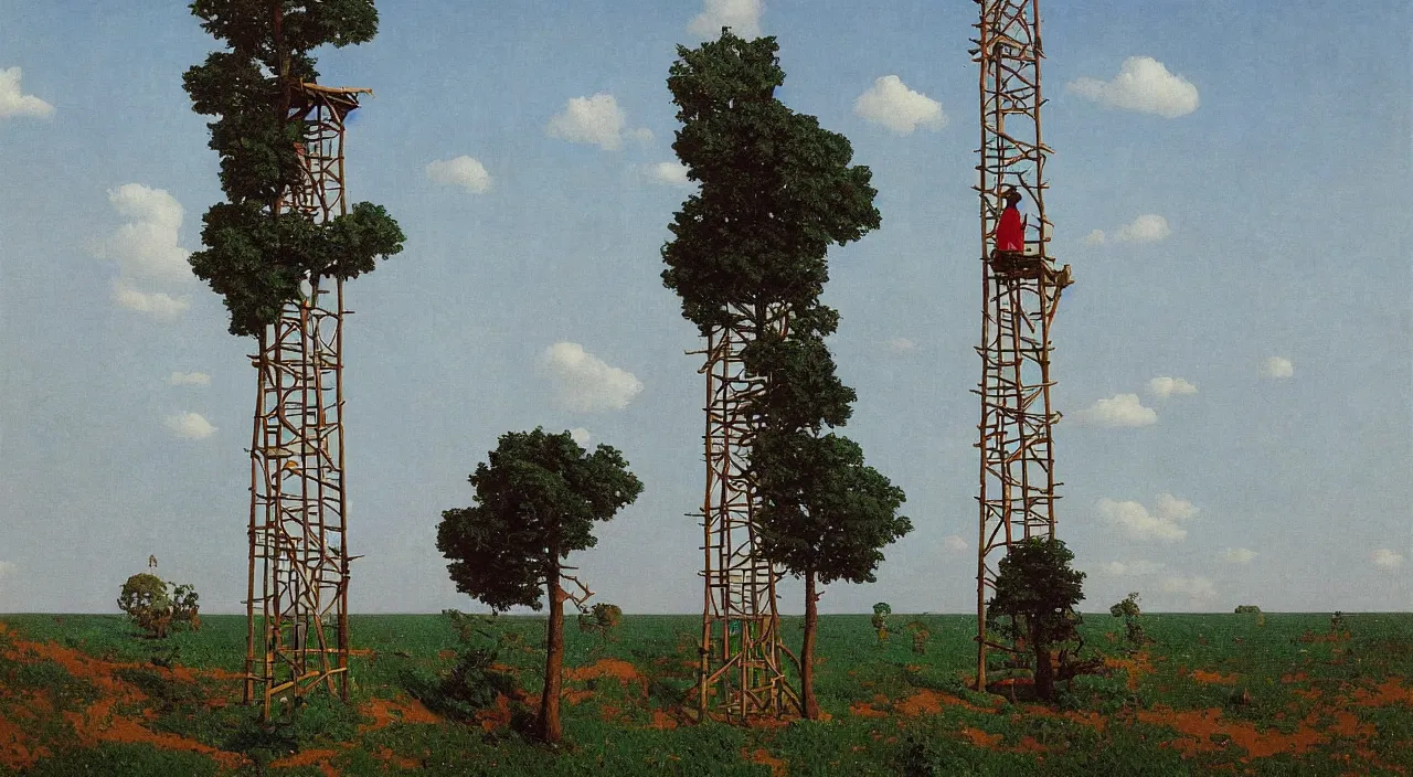 Image similar to single flooded simple wooden tree tower!, very coherent and colorful high contrast!! masterpiece by rene magritte simon stalenhag carl spitzweg syd mead norman rockwell edward hopper james gilleard, minimalist, dark shadows, sunny day, hard lighting