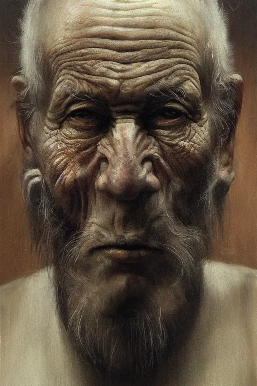 Prompt: beautiful clean oil painting biomechanical portrait of old man face by huaishen j, wayne barlowe, freud lucian, rembrandt, complex, stunning, realistic, skin color