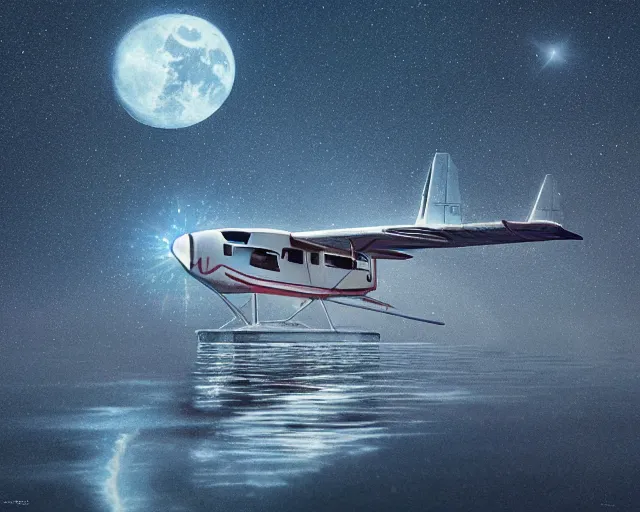 Prompt: a seaplane flying to the moon, intricate, highly detailed, soft illumination, digital painting, artstation, concept art, smooth, sharp focus, illustration, cinematic, vfx, 4 k