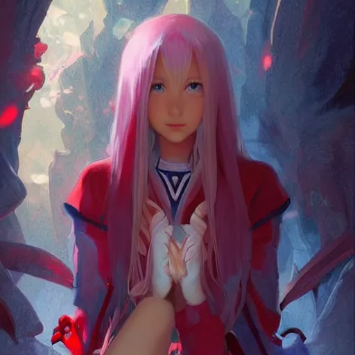 Image similar to Zero Two from Darling in the Flakes, D&D, fantasy, highly detailed, digital painting, artstation, smooth, sharp focus, illustration, art by artgerm and greg rutkowski and alphonse mucha