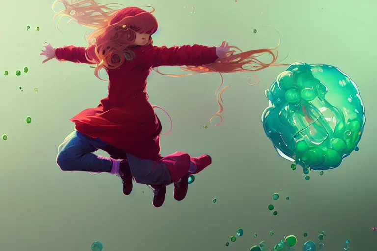 Image similar to madeline from celeste jumping to a green jelly bubble, blue bubble jacket red long hair, highly detailed, digital painting, artstation, concept art, sharp focus, illustration, art by greg rutkowski and alphonse mucha