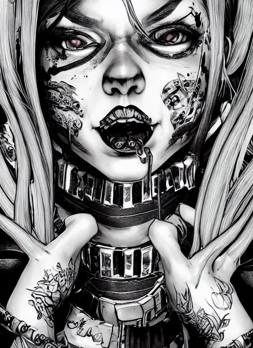 Image similar to highly detailed ink illustration of harley quinn, unreal engine, octane render, b & w clean shaped illustration by kim jung gi, ron english and eiichiro oda